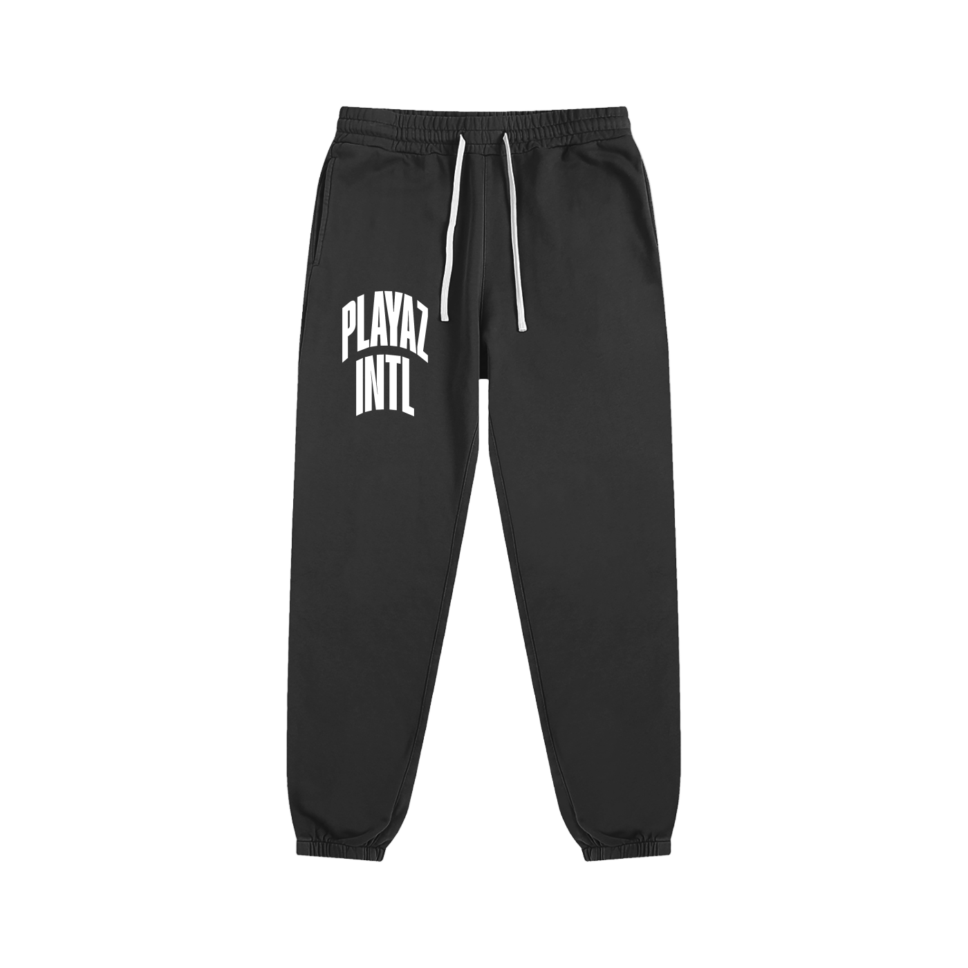 Black sweatpants with 'PLAYAZ INTL' text on a white background
