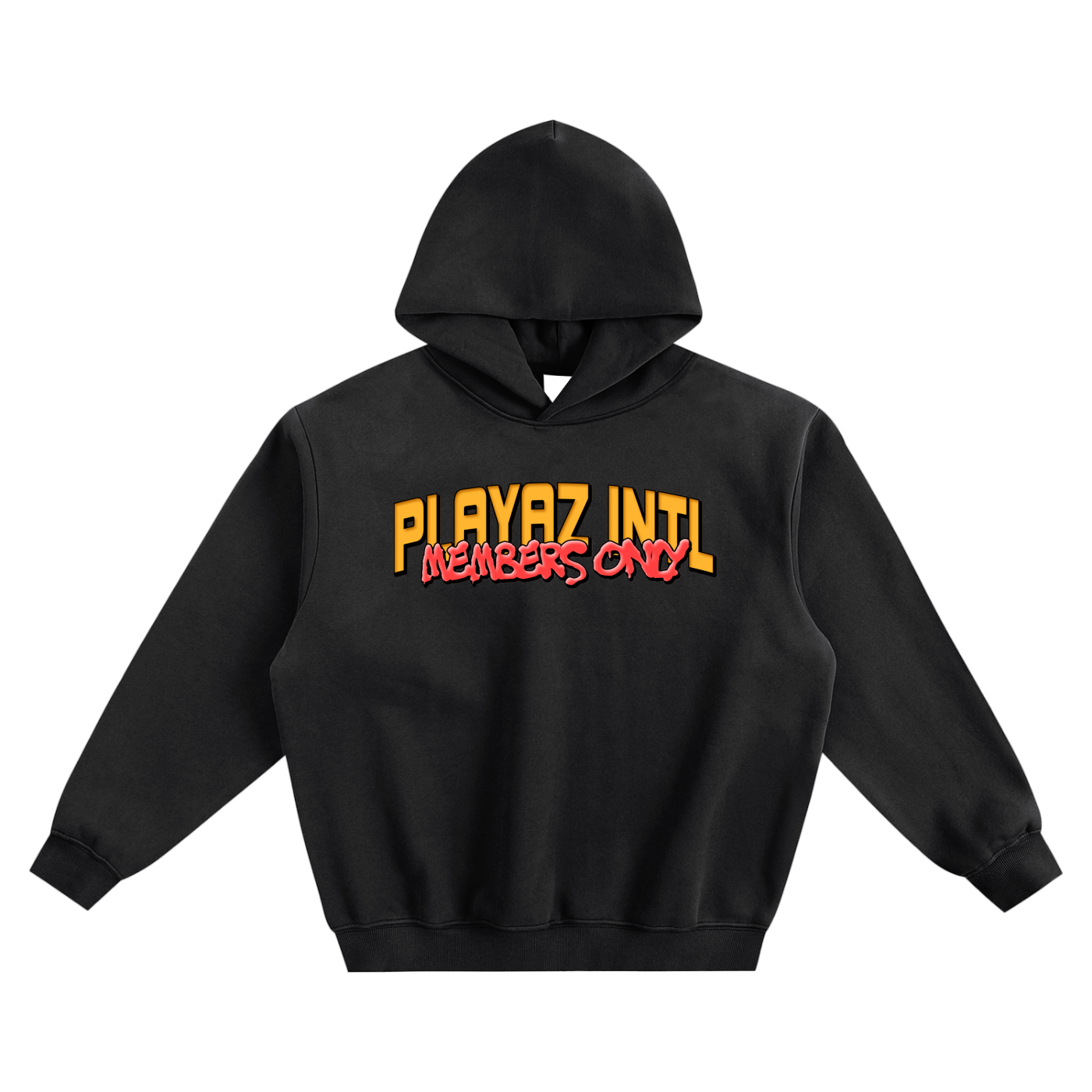 Black oversized streetwear hoodie with bold yellow Stay Down Until You Come Up PLAYAZ INTL graphic on the back