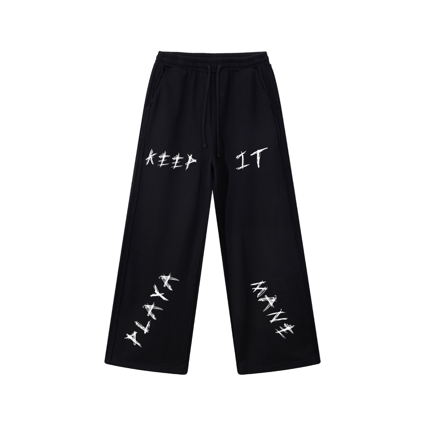 Black pants with white text on a white background