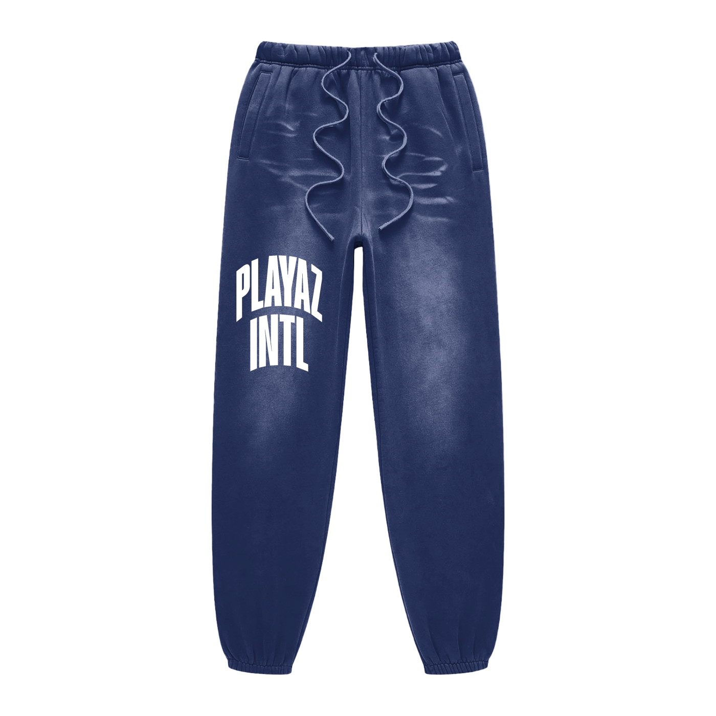 Blue sweatpants with 'PLAYAZ INTL' text on a white background