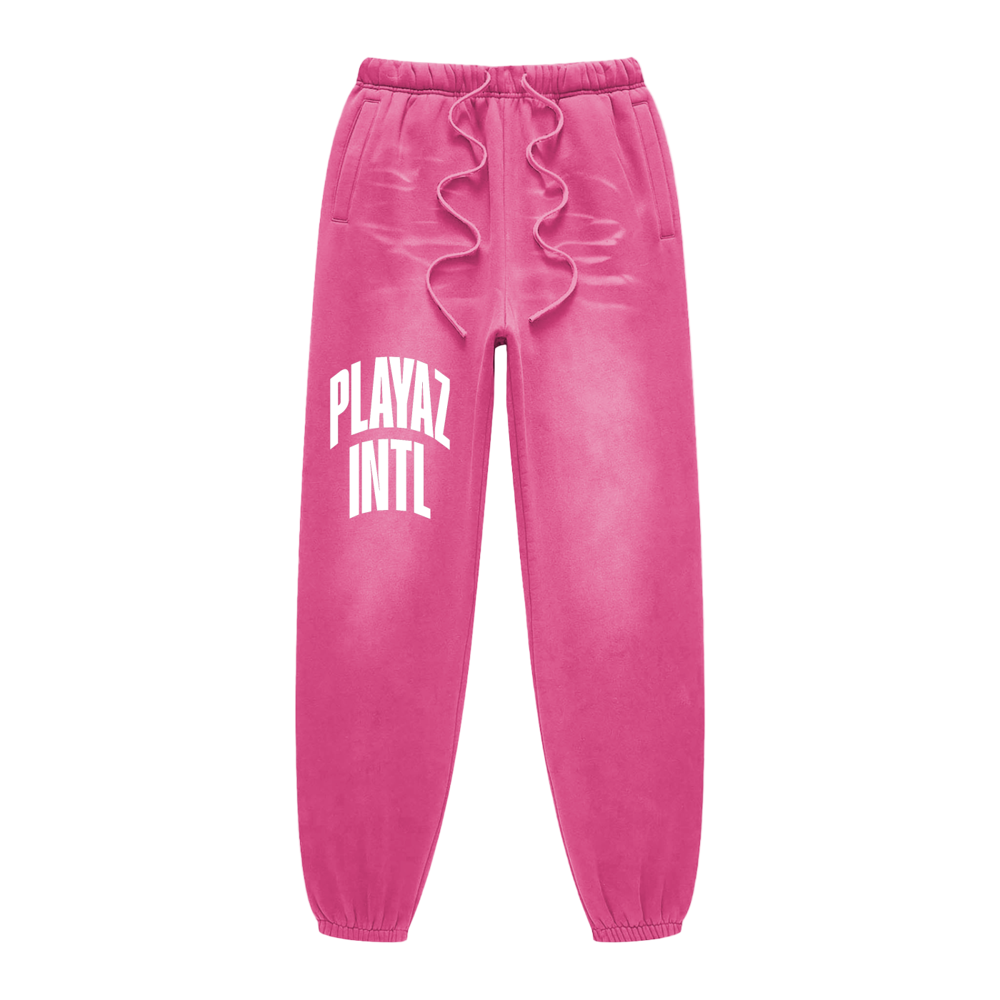 Pink sweatpants with 'PLAYAT INTL' text on a white background