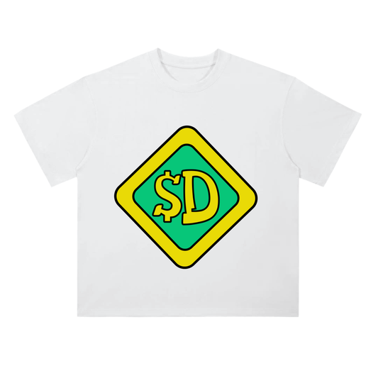 White t-shirt with a green and yellow diamond-shaped logo featuring '$D' on a white background