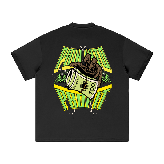 Black oversized streetwear t-shirt with bold Pain Into Profit graphic design featuring hand holding money and neon green accents