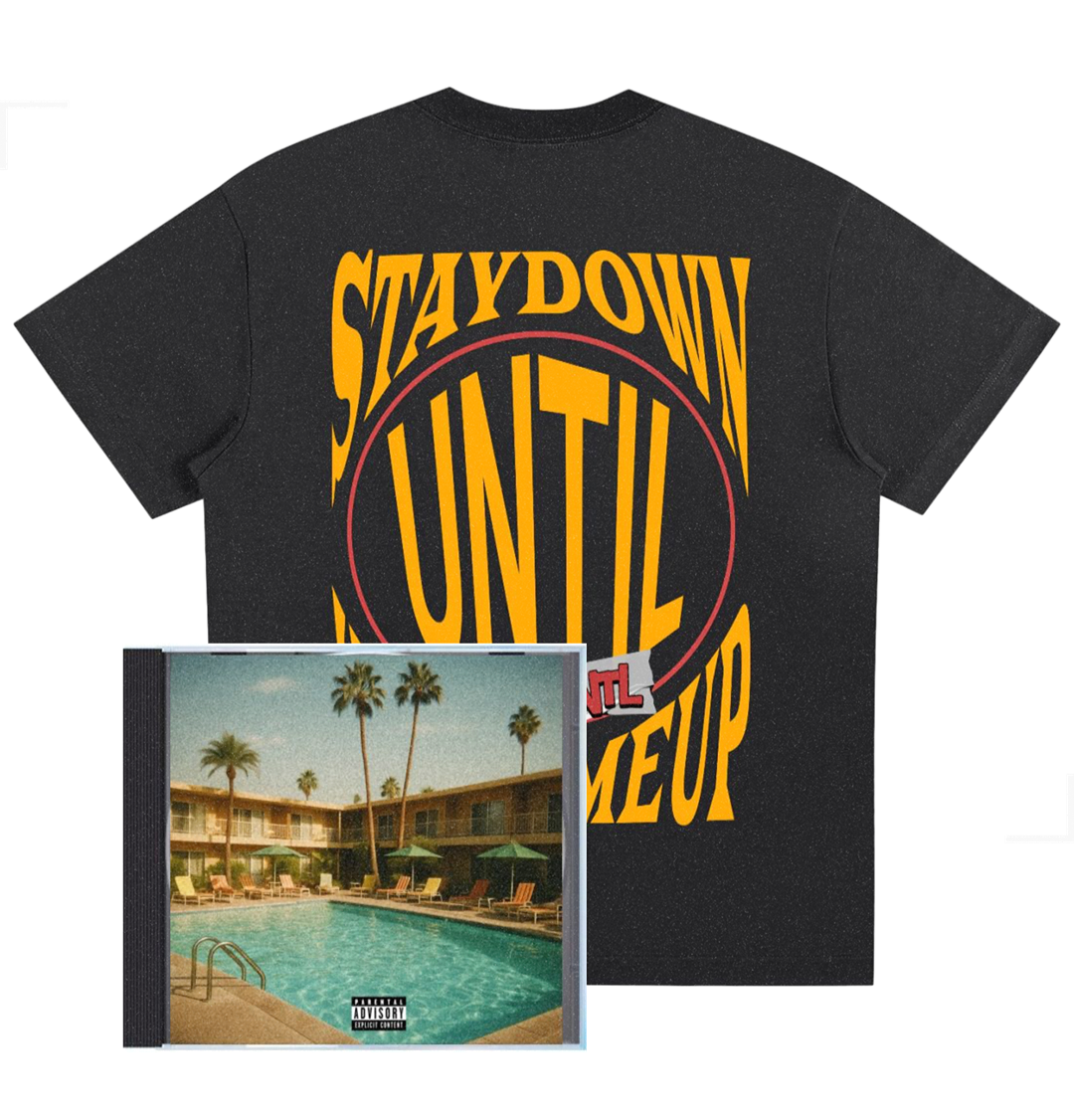 Black t-shirt with 'Stay Down Until You Come Up' text and a CD cover of a motel pool scene.