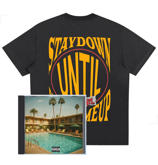 Black t-shirt with 'Stay Down Until You Come Up' text and a CD cover of a motel pool scene.