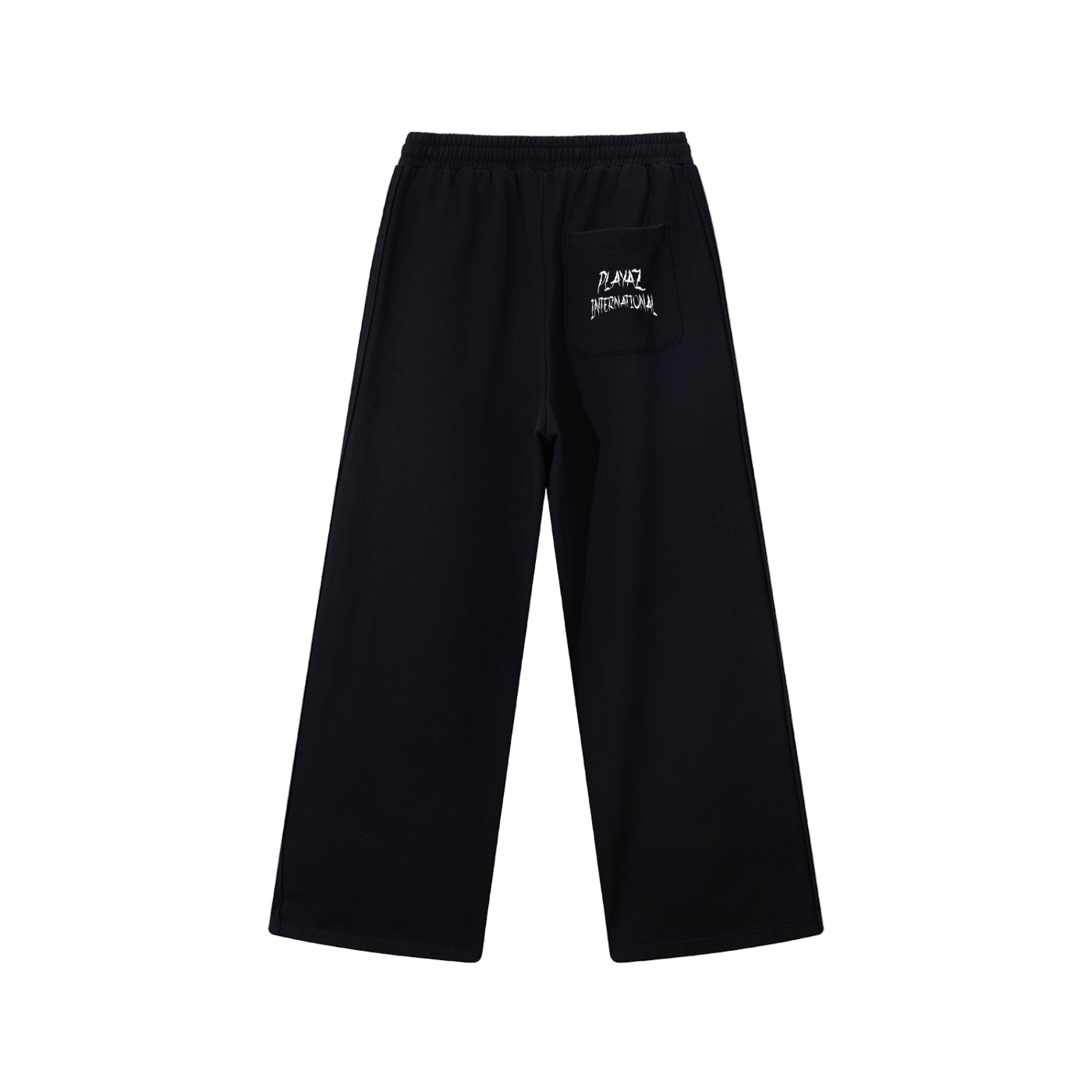 Black pants with a brand logo on the back pocket against a white background