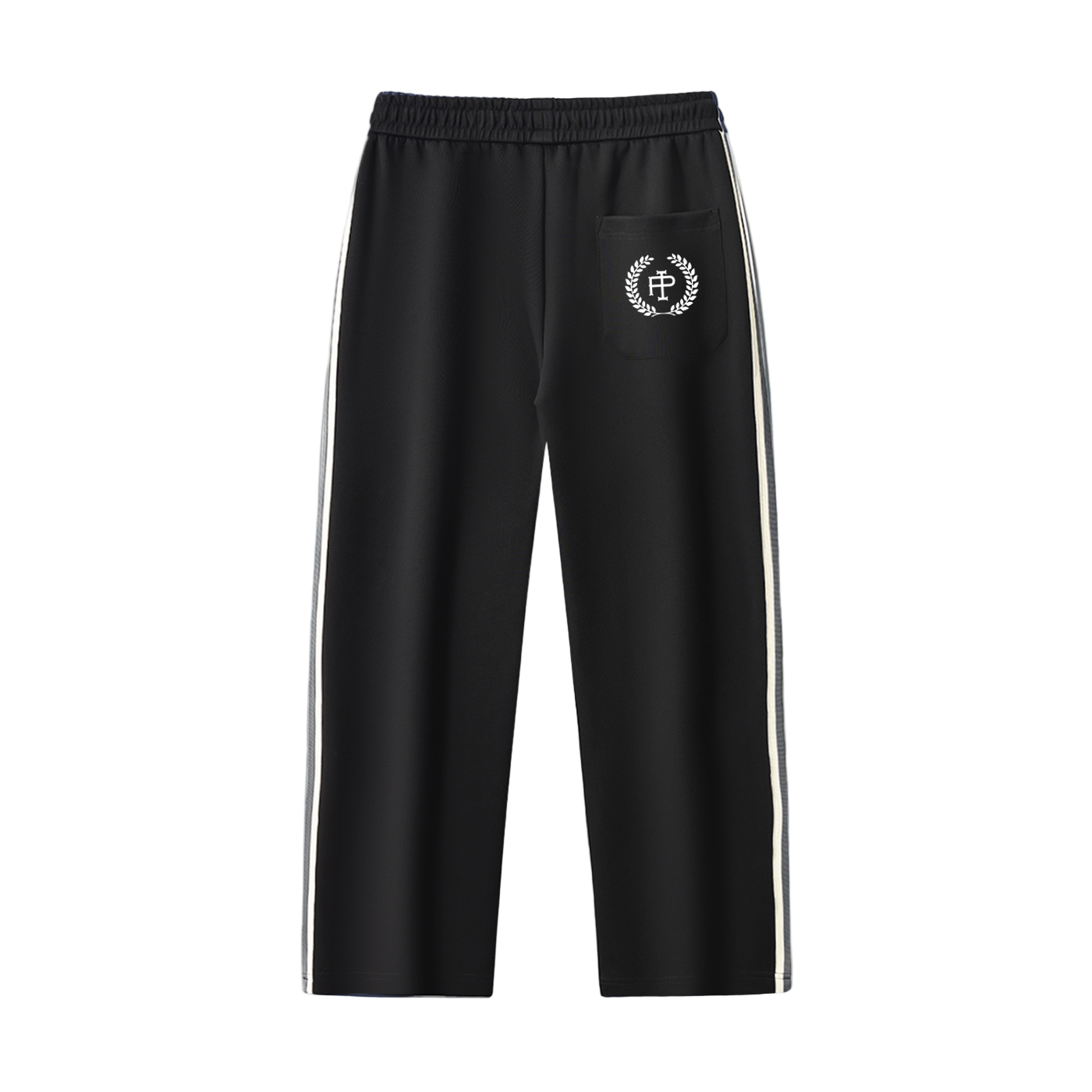 Black track pants with white stripes and logo on a white background