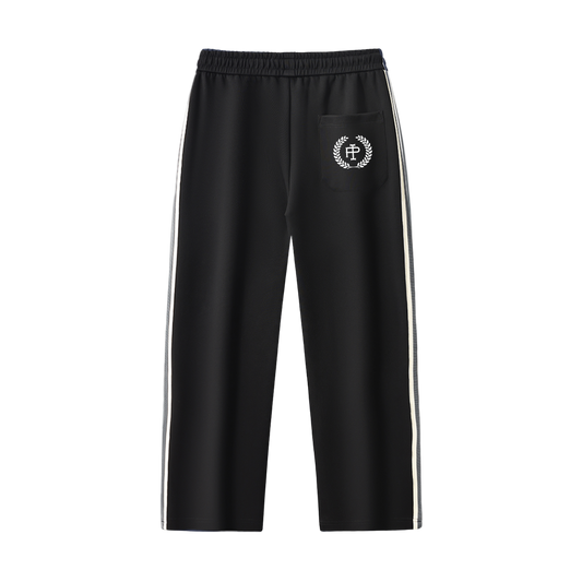 Black track pants with white stripes and logo on a white background