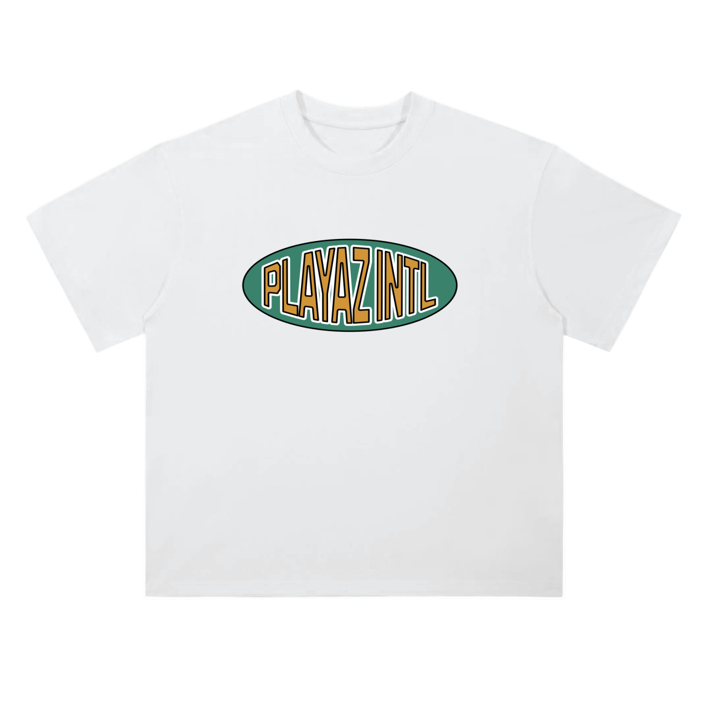 White t-shirt with 'PLAYAZ INTL' logo on a white background