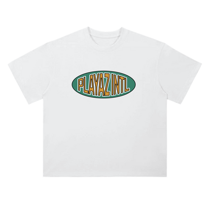 White t-shirt with 'PLAYAZ INTL' logo on a white background