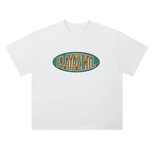 White t-shirt with 'PLAYAZ INTL' logo on a white background