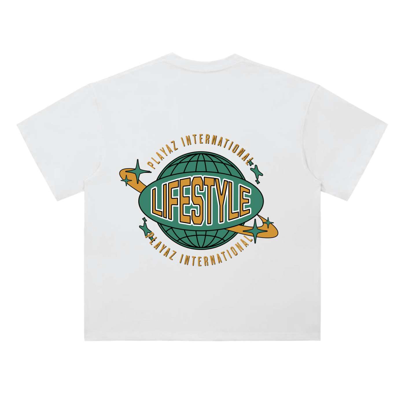 White t-shirt with a graphic design on the back featuring 'Lifestyle' and 'Pazaz International'.